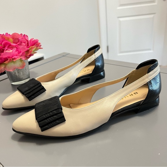 Brunate Italian Leather Cream and Black Bow Tie Ballet Flats - Picture 2 of 9